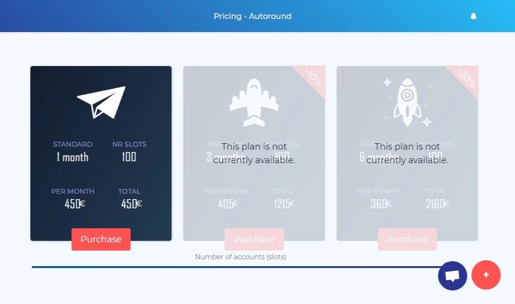 Fuelgram AutoRound pricing page showing a 100-slot monthly plan