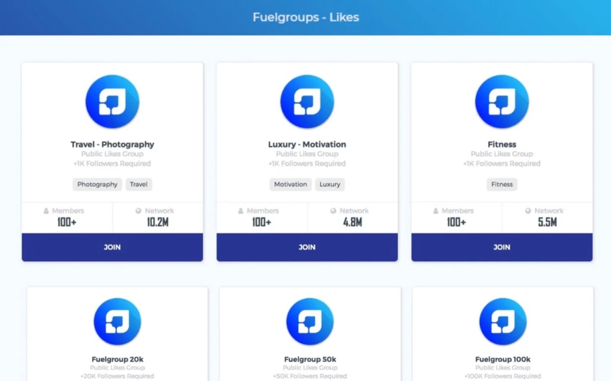 Fuelgram dashboard listing FuelGroups likes groups such as Travel, Luxury and Fitness with their follower requirements