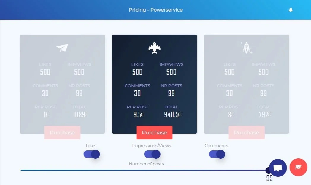 Fuelgram Powerservice pricing page with likes, views and comments per post