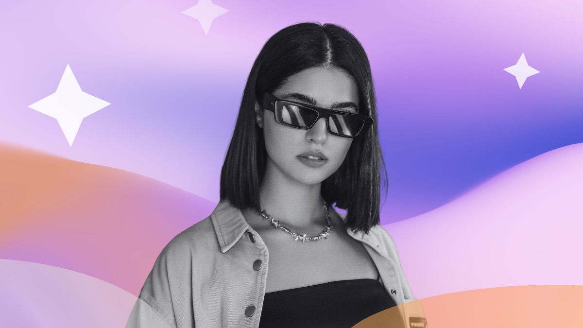 Woman with a bob haircut and rectangular sunglasses, set against a pink and purple gradient with sparkle accents