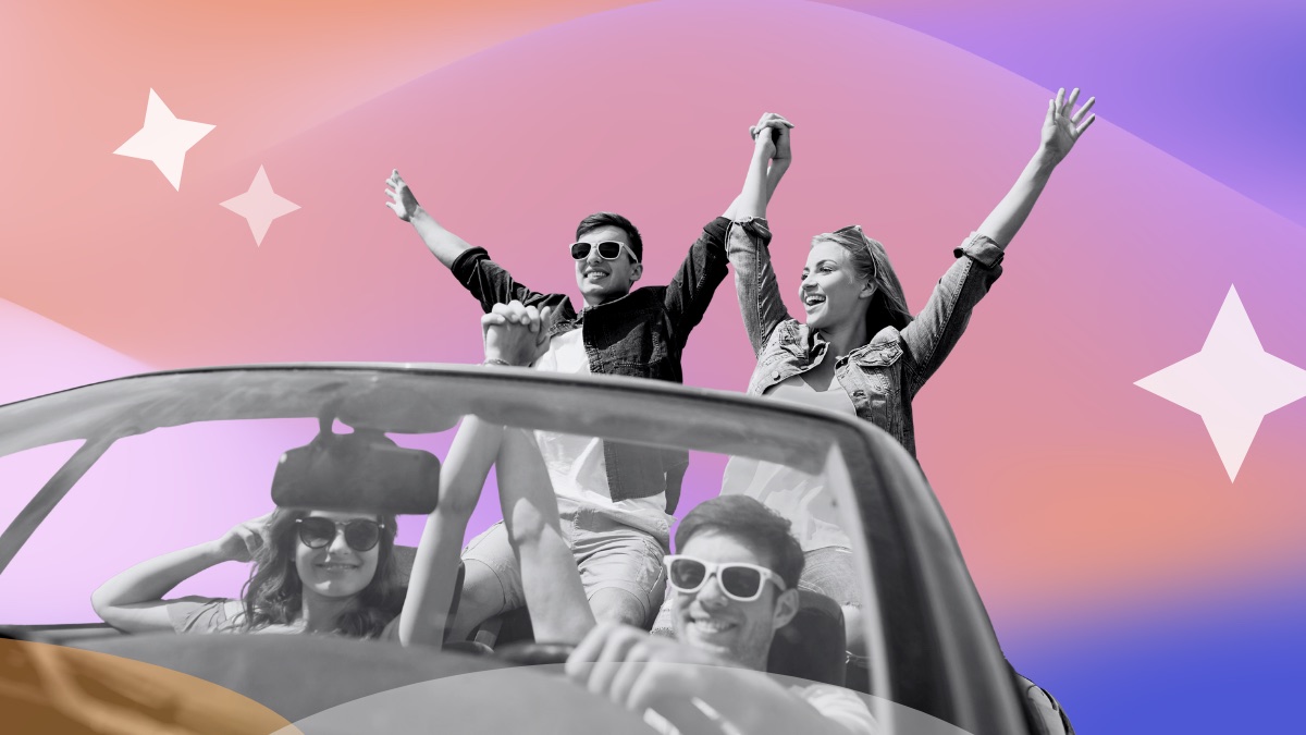 Group of friends cheering in a convertible car, set against a pink and purple gradient with sparkle accents
