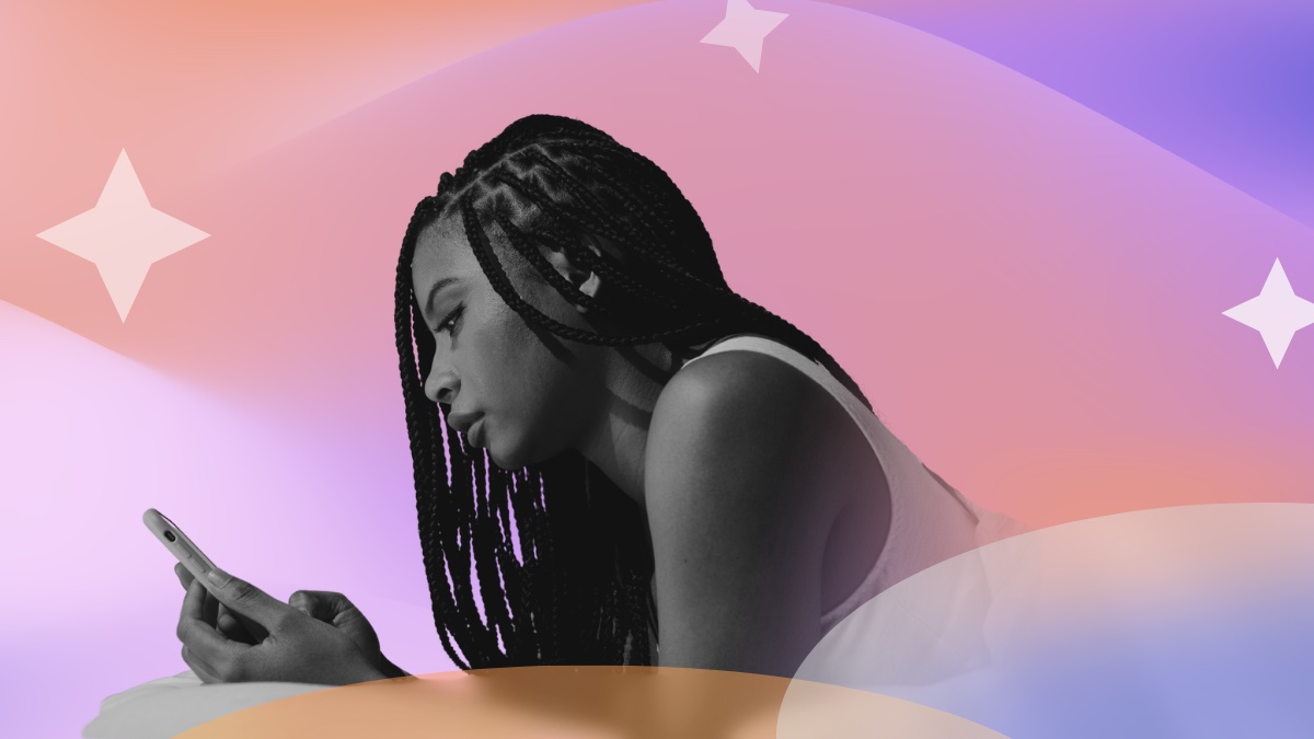 Woman with long braids lying down and scrolling on her phone, set against a pink and purple gradient with sparkle accents