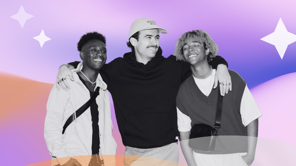 Three smiling friends with their arms around each other, set against a pink and purple gradient with sparkle accents