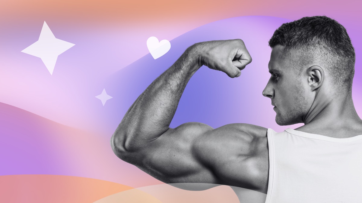 Man in a white tank top flexing his bicep, set against a pink and purple gradient with a heart and sparkles